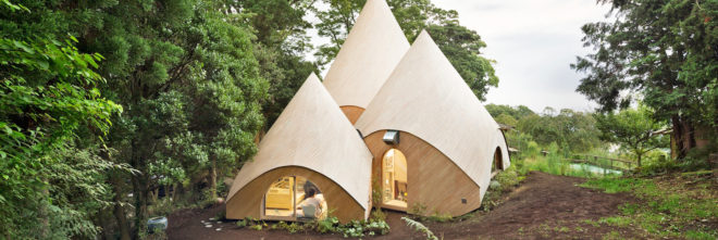 JIKKA by Issei Suma, teepee shaped architecture, architecture for elder care, teepee-shaped architecture in Japan, wheelchair accessible bath