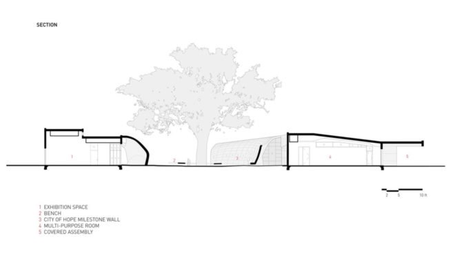 Kaplan Family Pavilion, City of Hope, research and treatment center, outdoor garden, LEED Platinum certification, pavilion, Belzberg Architects, medical center, green architecture, LEDs, LED lighting, concrete walls, drought-tolerant plant species