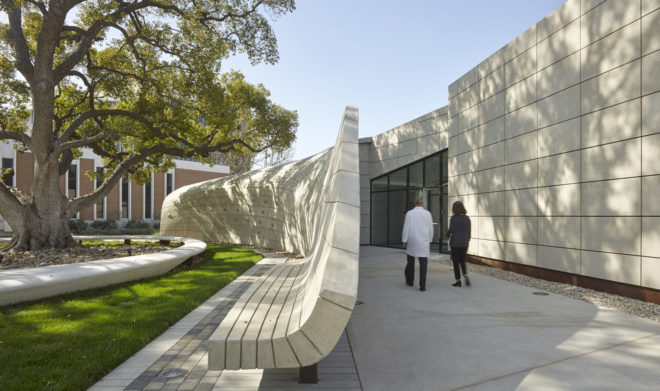 Kaplan Family Pavilion, City of Hope, research and treatment center, outdoor garden, LEED Platinum certification, pavilion, Belzberg Architects, medical center, green architecture, LEDs, LED lighting, concrete walls, drought-tolerant plant species