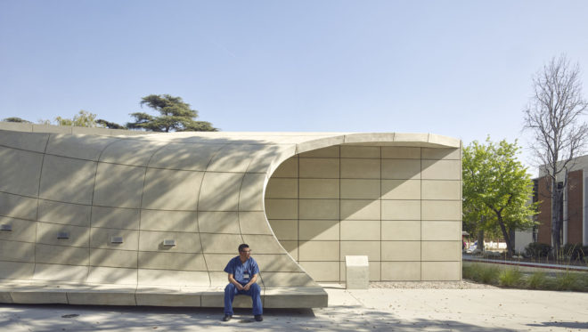 Kaplan Family Pavilion, City of Hope, research and treatment center, outdoor garden, LEED Platinum certification, pavilion, Belzberg Architects, medical center, green architecture, LEDs, LED lighting, concrete walls, drought-tolerant plant species