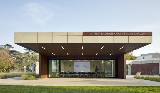 Kaplan Family Pavilion, City of Hope, research and treatment center, outdoor garden, LEED Platinum certification, pavilion, Belzberg Architects, medical center, green architecture, LEDs, LED lighting, concrete walls, drought-tolerant plant species