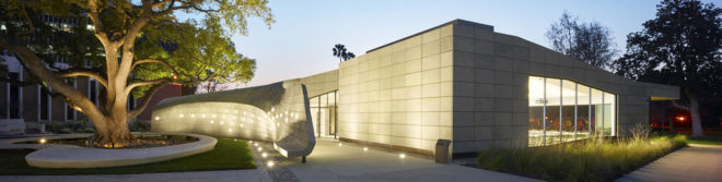 Kaplan Family Pavilion, City of Hope, research and treatment center, outdoor garden, LEED Platinum certification, pavilion, Belzberg Architects, medical center, green architecture, LEDs, LED lighting, concrete walls, drought-tolerant plant species