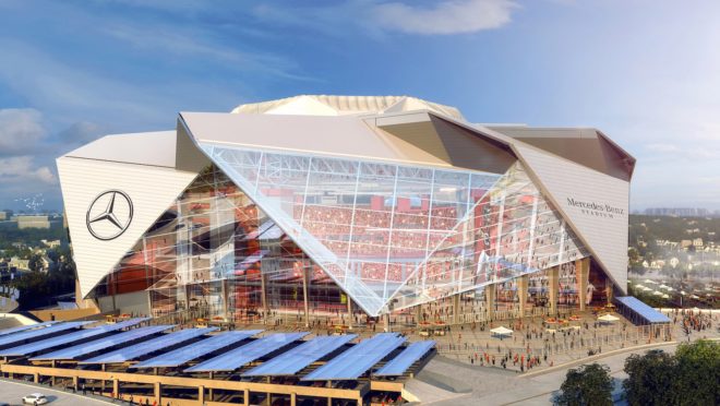 Mercedes-Benz Stadium by HOK, Mercedes-Benz Stadium LEED Platinum, solar powered Mercedes-Benz Stadium, Super Bowl LIII LEED Platinum, stadium design LEED Platinum