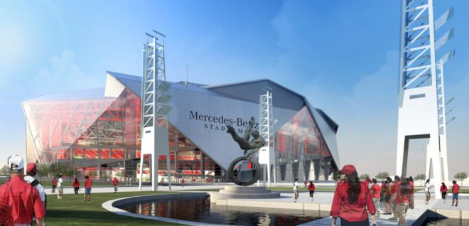 Mercedes-Benz Stadium by HOK, Mercedes-Benz Stadium LEED Platinum, solar powered Mercedes-Benz Stadium, Super Bowl LIII LEED Platinum, stadium design LEED Platinum