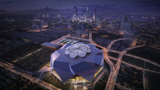 Mercedes-Benz Stadium by HOK, Mercedes-Benz Stadium LEED Platinum, solar powered Mercedes-Benz Stadium, Super Bowl LIII LEED Platinum, stadium design LEED Platinum