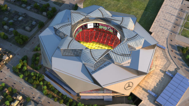 Mercedes-Benz Stadium by HOK, Mercedes-Benz Stadium LEED Platinum, solar powered Mercedes-Benz Stadium, Super Bowl LIII LEED Platinum, stadium design LEED Platinum