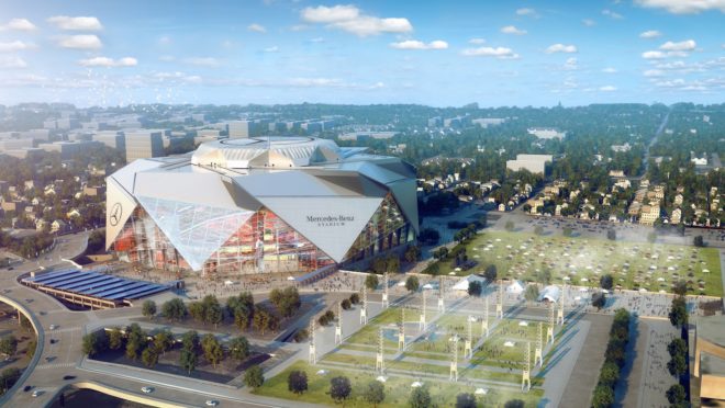 Mercedes-Benz Stadium by HOK, Mercedes-Benz Stadium LEED Platinum, solar powered Mercedes-Benz Stadium, Super Bowl LIII LEED Platinum, stadium design LEED Platinum