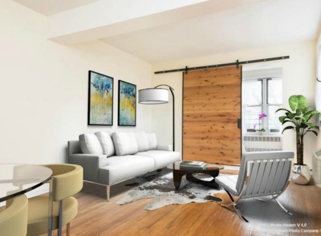 Murray Hill studio, murry hill apartments, nyc real estate, nyc condos murray hill, small spaces nyc, murray hill real estate, tiny spaces nyc, sliding barn doors, tiny space design, interior design, nyc apartment listings, small spaces, space saving tips