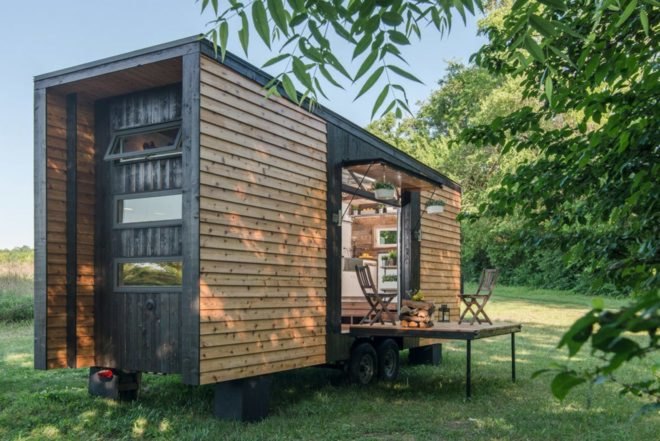 New Frontier Tiny Homes, charred cedar, Alpha Tiny House David Latimer, Zac Thomas, and Eddie Latimer, home on wheels, tiny house, vintage interiors,
