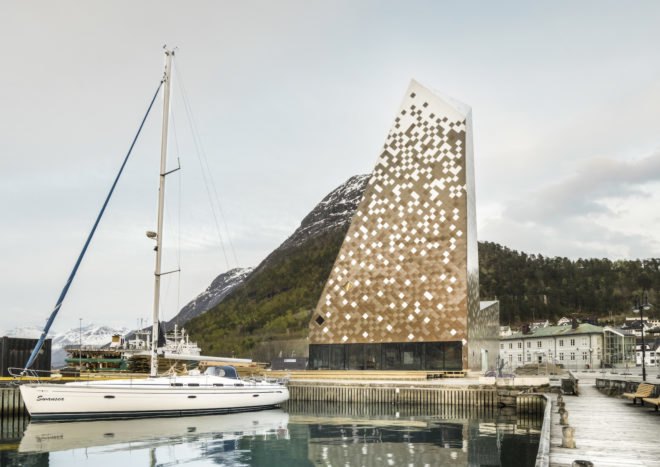 Norwegian Mountaineering Center by Reiulf Ramstad Arkitekter, Norwegian Mountaineering Center architecture, mountain inspired architecture, climbing wall in Norway, diamond shingle facade