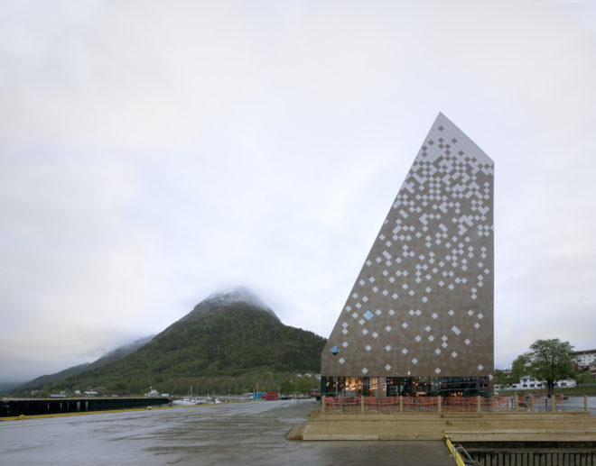 Norwegian Mountaineering Center by Reiulf Ramstad Arkitekter, Norwegian Mountaineering Center architecture, mountain inspired architecture, climbing wall in Norway, diamond shingle facade