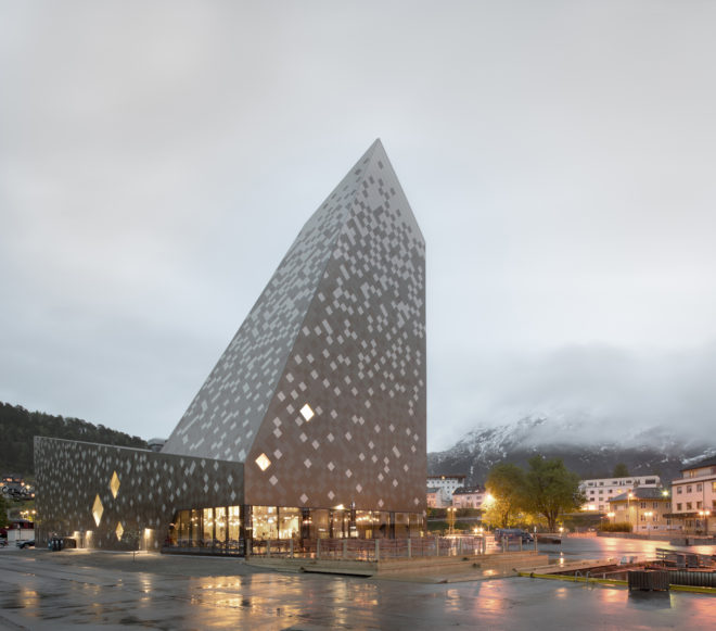 Norwegian Mountaineering Center by Reiulf Ramstad Arkitekter, Norwegian Mountaineering Center architecture, mountain inspired architecture, climbing wall in Norway, diamond shingle facade
