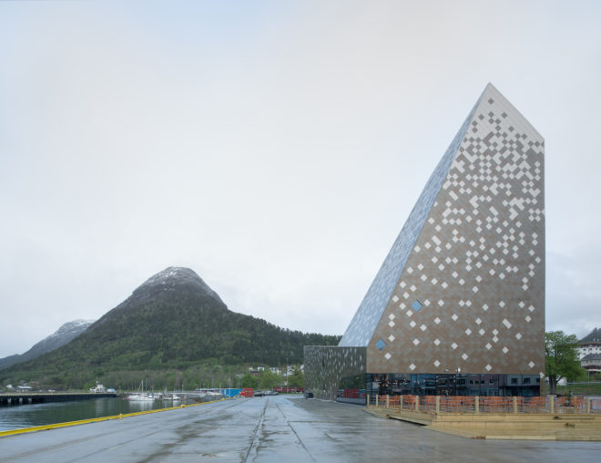 Norwegian Mountaineering Center by Reiulf Ramstad Arkitekter, Norwegian Mountaineering Center architecture, mountain inspired architecture, climbing wall in Norway, diamond shingle facade