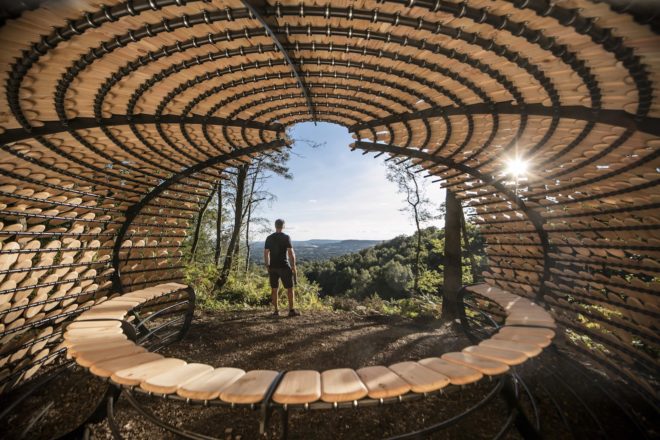 Perspectives by Giles Miller Studio, Perspectives Pavilion in Surrey Hills, pavilion project by Surrey Hills Arts, Winterfold Forest pavilion, cedar shingle pavilion,