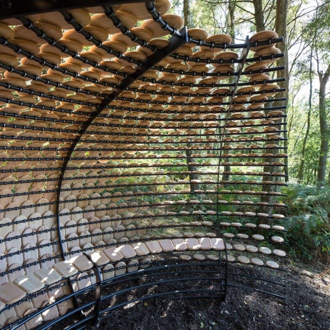 Perspectives by Giles Miller Studio, Perspectives Pavilion in Surrey Hills, pavilion project by Surrey Hills Arts, Winterfold Forest pavilion, cedar shingle pavilion,