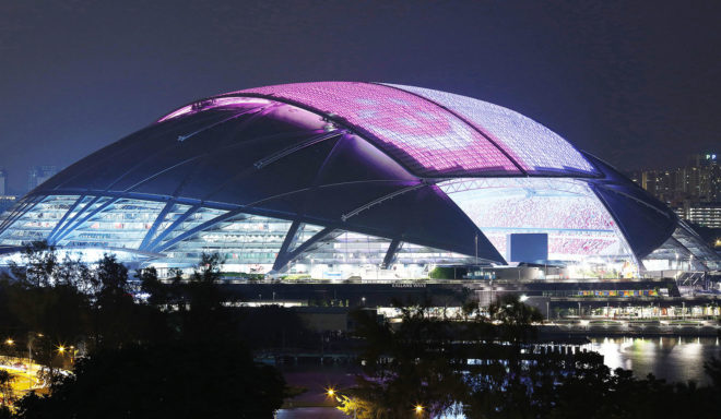 Singapore National Stadium, sports venue, Singapore, green stadium, world's largest free-span dome, LED display, LED lights, Arup, AECOM, DP Architects