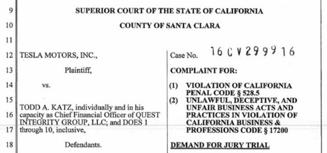tesla, elon musk, Todd Katz, quest integrity group, chief financial officer, impersonating elon musk, tesla lawsuit, tesla trade secrets