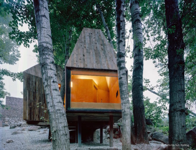 The Treehouse by Wee Studio, crowdfunded architecture projects, Mount Wuling Treehouse, Treehouse getaway in Beijing, Wee Studio crowdfunded architecture, prefabricated treehouse, recycled wood treehouse,