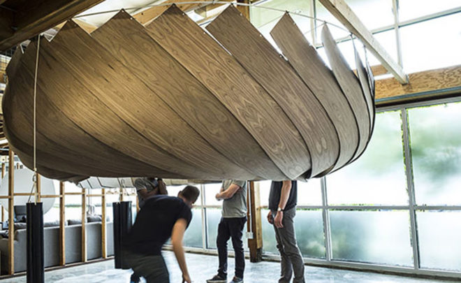 MIT Self-Assembly Lab, Google, temporary structure, meeting space, Transformable Meeting Spaces, felt, plywood, green design, transformable structure, design innovation, open plan layout, office spaces