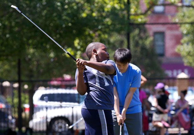 heather lubov, city parks foundation, baseball diamonds transformed into golf schools, golf school nyc, nyc golf, urban golf range, golf range nyc, adaptive reuse