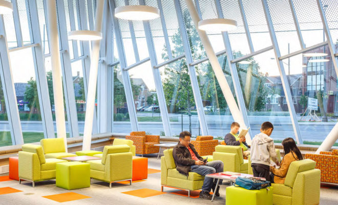 Vaughan Civic Centre Resource Library, ZAS Architects, library, Canada, reflective facade, interior courtyard, flexible layout, green architecture, green library, glass facade
