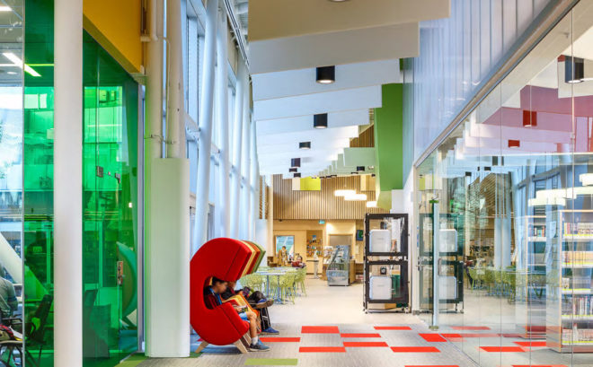 Vaughan Civic Centre Resource Library, ZAS Architects, library, Canada, reflective facade, interior courtyard, flexible layout, green architecture, green library, glass facade