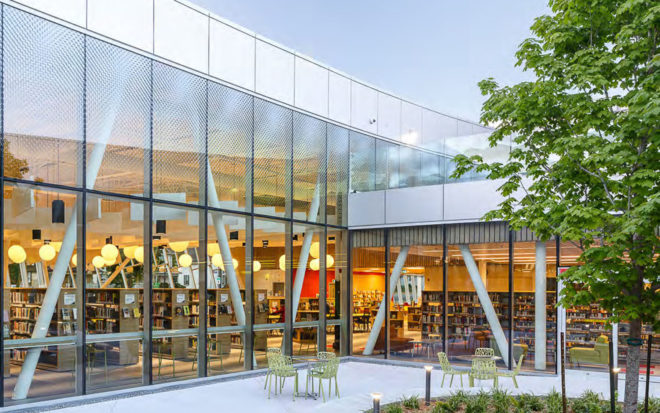 Vaughan Civic Centre Resource Library, ZAS Architects, library, Canada, reflective facade, interior courtyard, flexible layout, green architecture, green library, glass facade