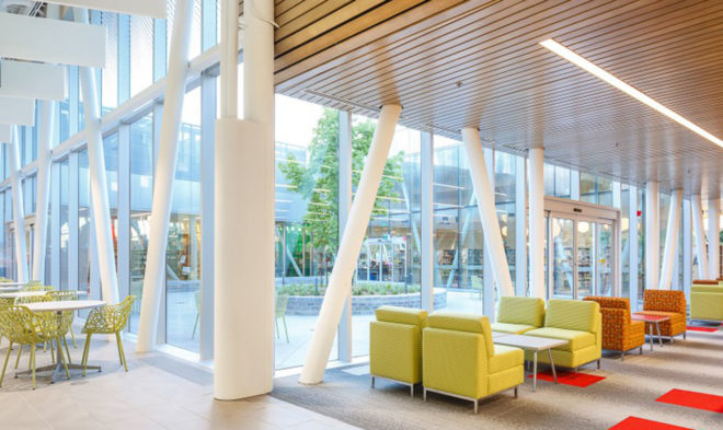Vaughan Civic Centre Resource Library, ZAS Architects, library, Canada, reflective facade, interior courtyard, flexible layout, green architecture, green library, glass facade