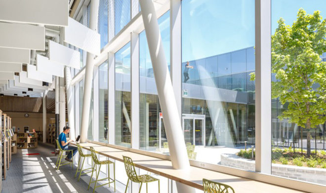 Vaughan Civic Centre Resource Library, ZAS Architects, library, Canada, reflective facade, interior courtyard, flexible layout, green architecture, green library, glass facade