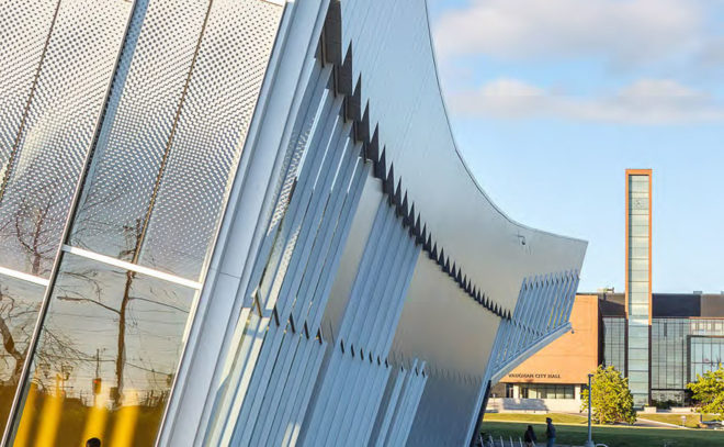 Vaughan Civic Centre Resource Library, ZAS Architects, library, Canada, reflective facade, interior courtyard, flexible layout, green architecture, green library, glass facade