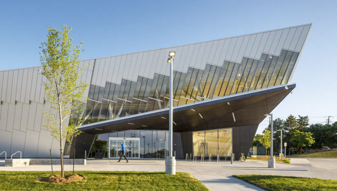 Vaughan Civic Centre Resource Library, ZAS Architects, library, Canada, reflective facade, interior courtyard, flexible layout, green architecture, green library, glass facade