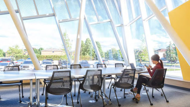 Vaughan Civic Centre Resource Library, ZAS Architects, library, Canada, reflective facade, interior courtyard, flexible layout, green architecture, green library, glass facade