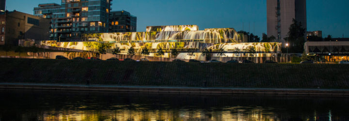 vilnius waterfall, vilnius street art festival, street art, ignas lukauskas, studio vieta, waterfall art, lithuania, lithuanian architecture