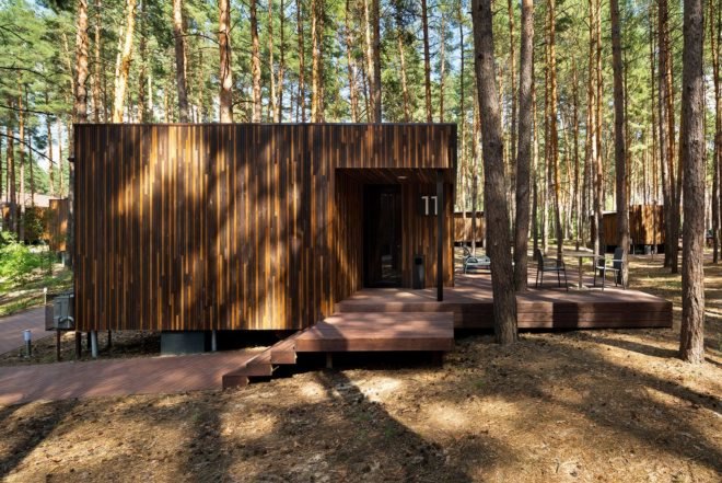 YOD Studio, wooden cabins, Guest Houses 2.0, green accommodation, Ukraine, prefab materials, two way glass, vertical wood clad, Relax Park Verholy