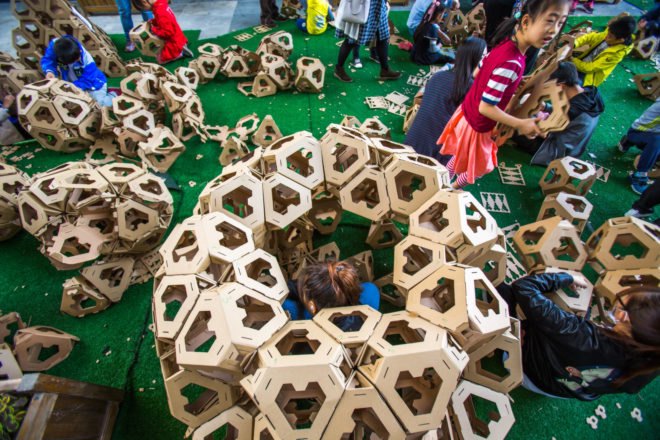 collective paper aesthetics, golden week, 728 international children art festival, beijing art festival, cardboard project, heart board pyramid, recycled cardboard, cardboard art, child art, child art festival
