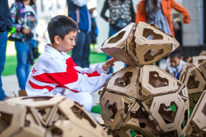 collective paper aesthetics, golden week, 728 international children art festival, beijing art festival, cardboard project, heart board pyramid, recycled cardboard, cardboard art, child art, child art festival