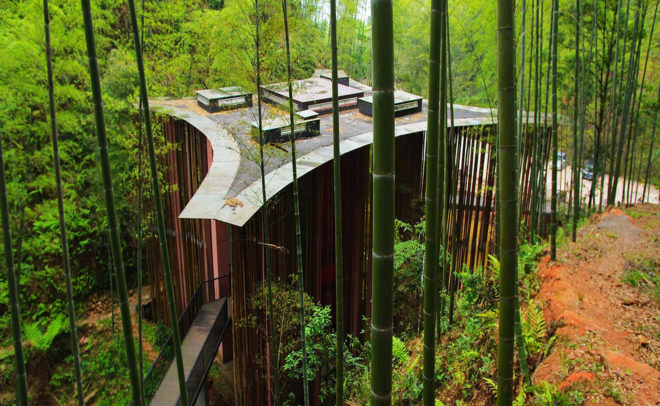 Zhuhai National Park, park gateway, China, bamboo, bamboo structure, Bamboo Sea, West-line studio, green architecture, concrete, glass roof, humidity
