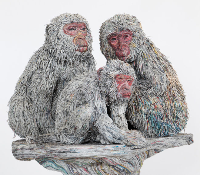 Chie Hitotsuyama, paper art, paper artist, paper sculptures, paper animals, animal sculptures, newspaper sculptures, japan, japanese art