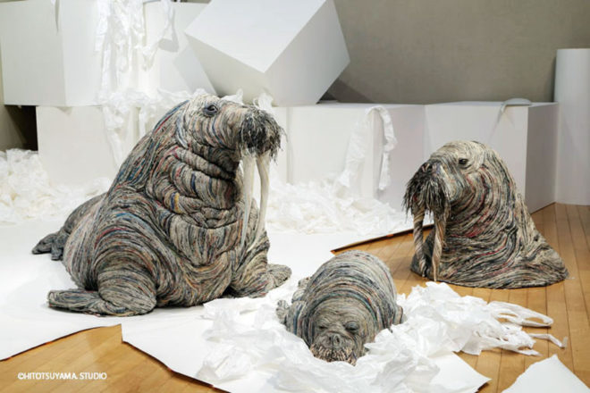 Chie Hitotsuyama, paper art, paper artist, paper sculptures, paper animals, animal sculptures, newspaper sculptures, japan, japanese art