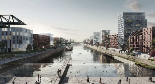 COBE Architects, Cologne, urban development, sustainable neighborhood, Transsolar, Atelier Dreiseitl, Moderne Stadt, rainwater harvesting, sustainable public pool, green architecture, green masterplan