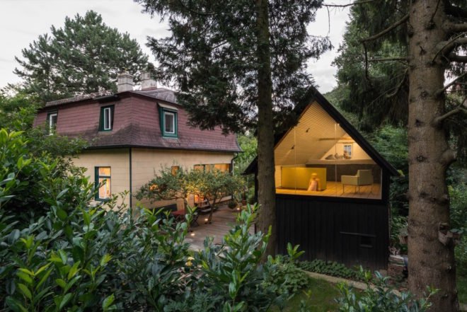 Enchanted Shed by Sue Architekten, adaptive reuse of outbuilding, 1930s farm building transformation, coal tar timber cladding,
