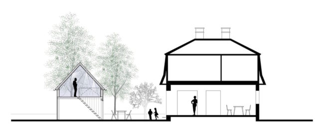 Enchanted Shed by Sue Architekten, adaptive reuse of outbuilding, 1930s farm building transformation, coal tar timber cladding,