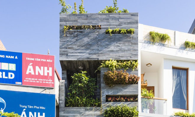 Garden House in Vietnam, Ho Khue Architects, green-roofed narrow house, Vietnam, natural ventilation, Vietnam, green architecture, vertical garden, green roof, perforated brick, brickwork, natural light, planters