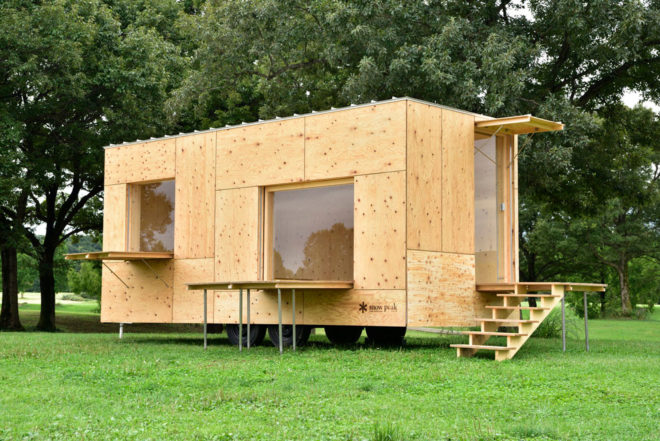 kengo kuma, snow peak, outdoor gear, trailer, tiny trailer, plywood trailer, minimalist trailer, minimalist design, outdoor lifestyle, portable shelter