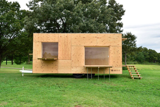 kengo kuma, snow peak, outdoor gear, trailer, tiny trailer, plywood trailer, minimalist trailer, minimalist design, outdoor lifestyle, portable shelter