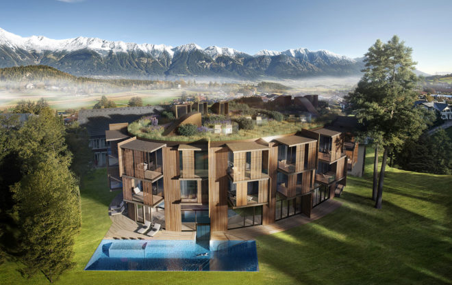 Lanserhof Lans, ingenhoven architects, green roof, health facility, Austria, green renovation, Alpine architecture, green extension, natural materials, swimming pool, sauna