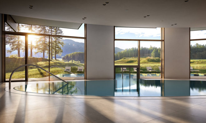 Lanserhof Lans, ingenhoven architects, green roof, health facility, Austria, green renovation, Alpine architecture, green extension, natural materials, swimming pool, sauna