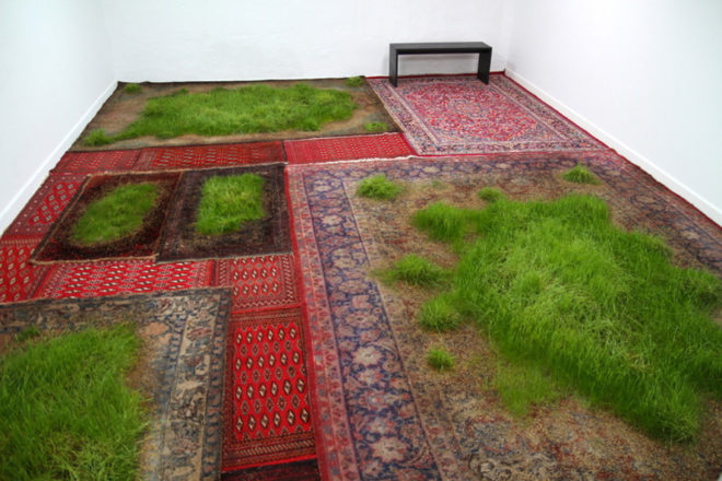 martin roth, persian rug, growing grass indoors, growing grass on a rug, nature art, korean cultural center UK, korean cultural center london, temporary lawn, temporary indoor lawn
