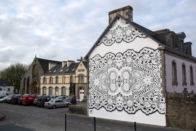 NeSpoon, street art, lace art, Wroclaw, Auckland, Pont-l’Abbé, Warsaw, doily art works, doily imprinted art, public art