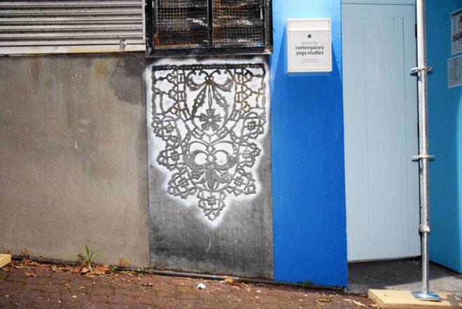 NeSpoon, street art, lace art, Wroclaw, Auckland, Pont-l’Abbé, Warsaw, doily art works, doily imprinted art, public art